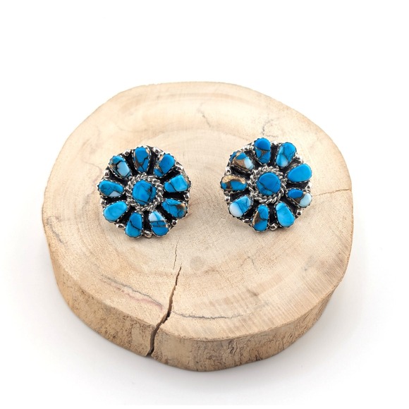 SouthWestArtisans Jewelry - Navajo Floral Turquoise Stone Stud Earrings Sterling Silver Handmade Jewelry **